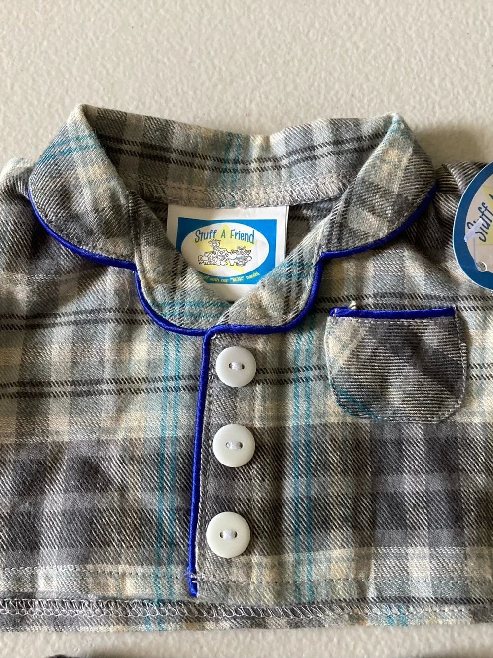 Stuff A Friend Teddy Bear Casual Plaid Shirt & Shorts Outfit Set Gray Blue
